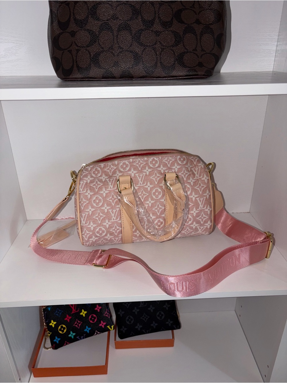 Tous Pink Jacquard Crossbody with Gold Hardware and Red Lining